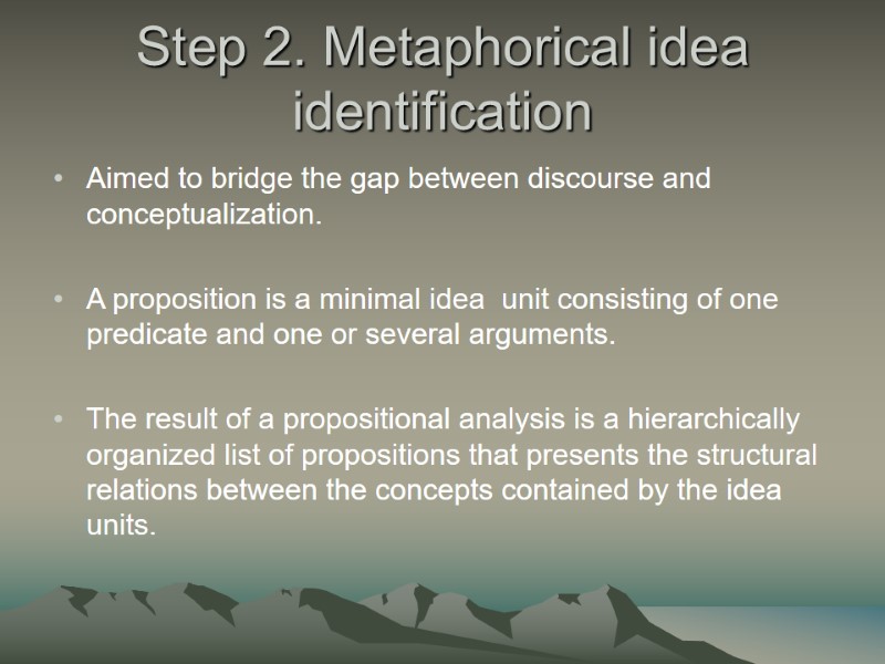 Step 2. Metaphorical idea identification Aimed to bridge the gap between discourse and conceptualization.